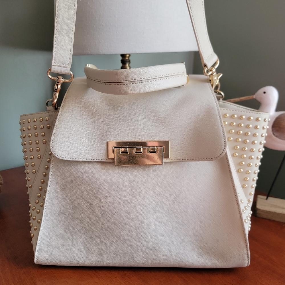 Zac Posen Eartha Studded Cream Saffiano Leather Satchel Crossbody Bag